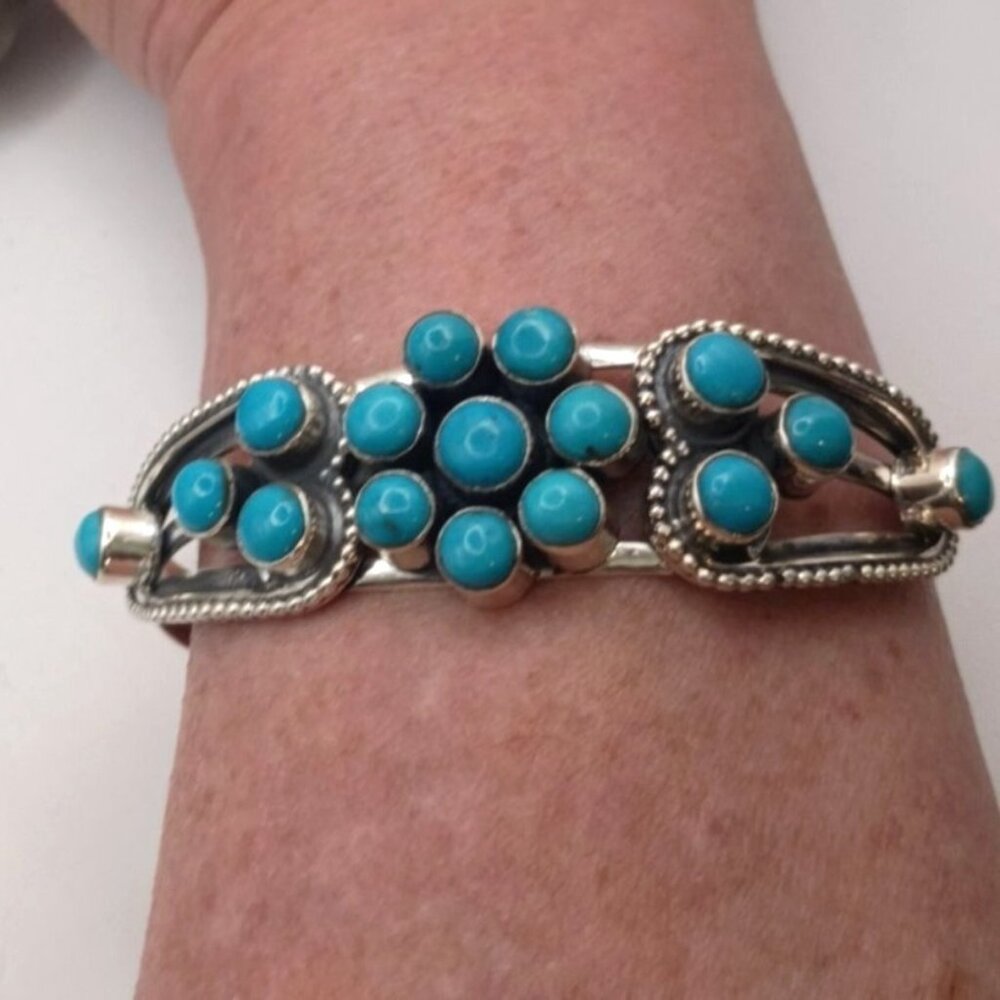 Fun Western Turquoise Wide Flower Cluster Cuff Bracelet Sterling Silver 34.2g